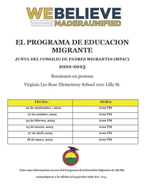Calendar showing the 22-23 MPAC dates in Spanish
